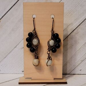Handmade Wire Wrapped Dangle Earrings – Black & White Beaded Boho Jewelry